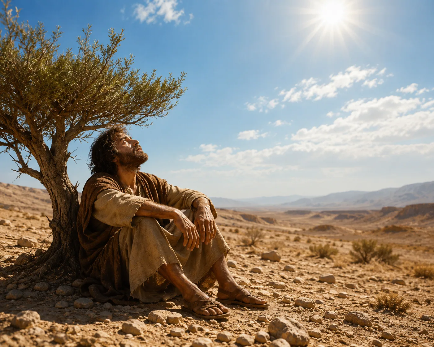Placeholder 1: A tired man sitting under a small broom tree in a wide, lonely desert, looking up at a bright sky