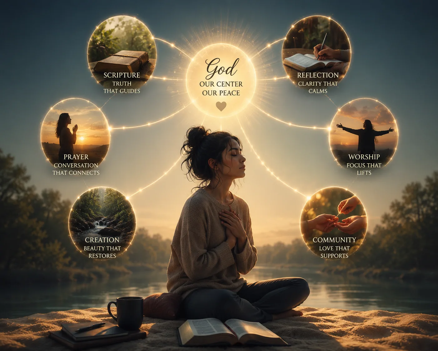 A glowing diagram of a person showing the heart and brain connected by light, representing the body and spirit working together