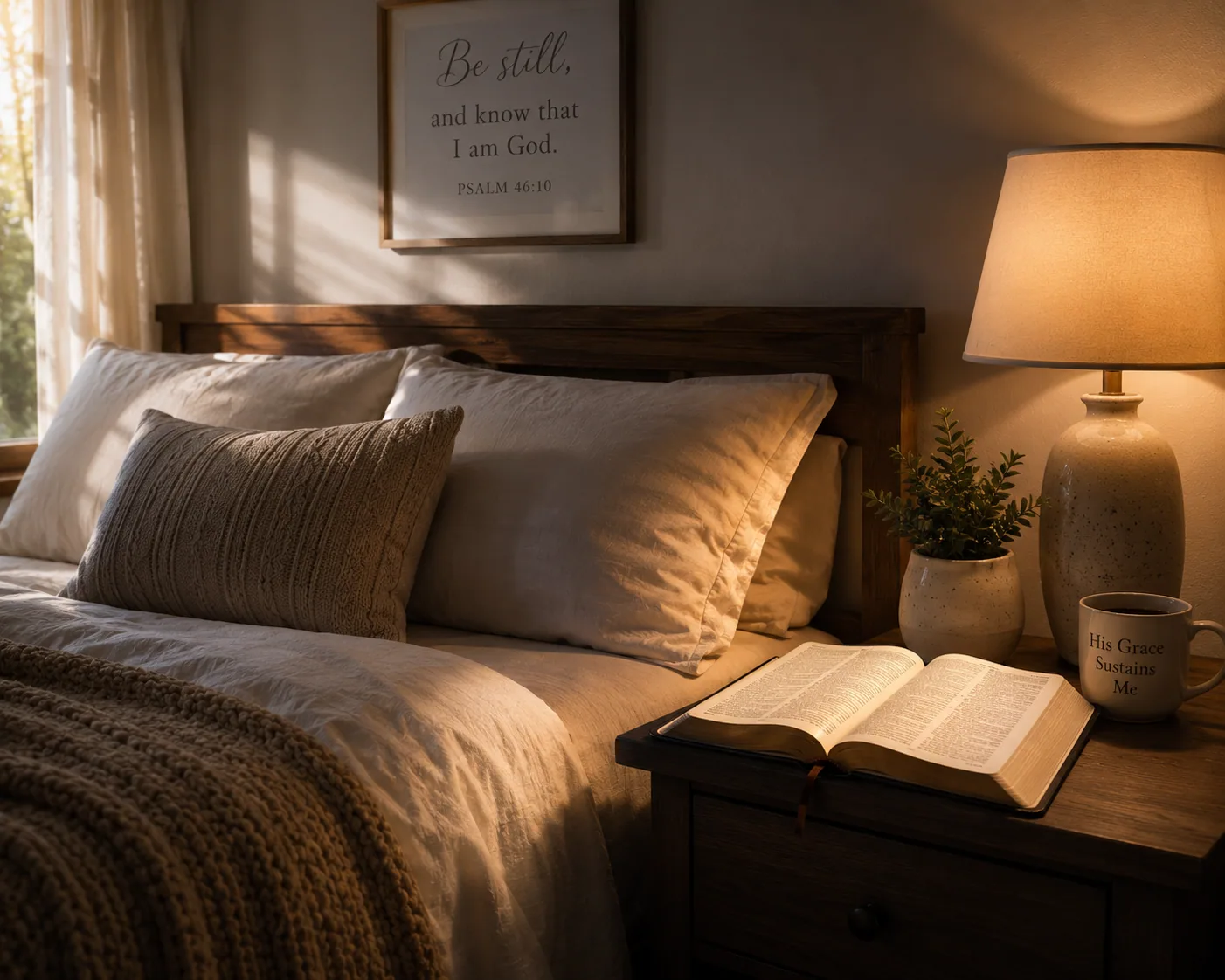 A peaceful bedroom with soft light and an open Bible on the nightstand, showing a place of rest