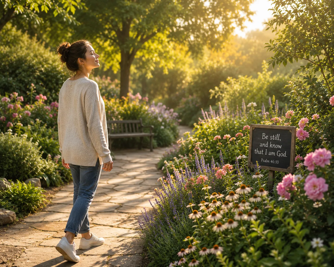 A person walking outside in a garden, looking at flowers and taking deep breaths