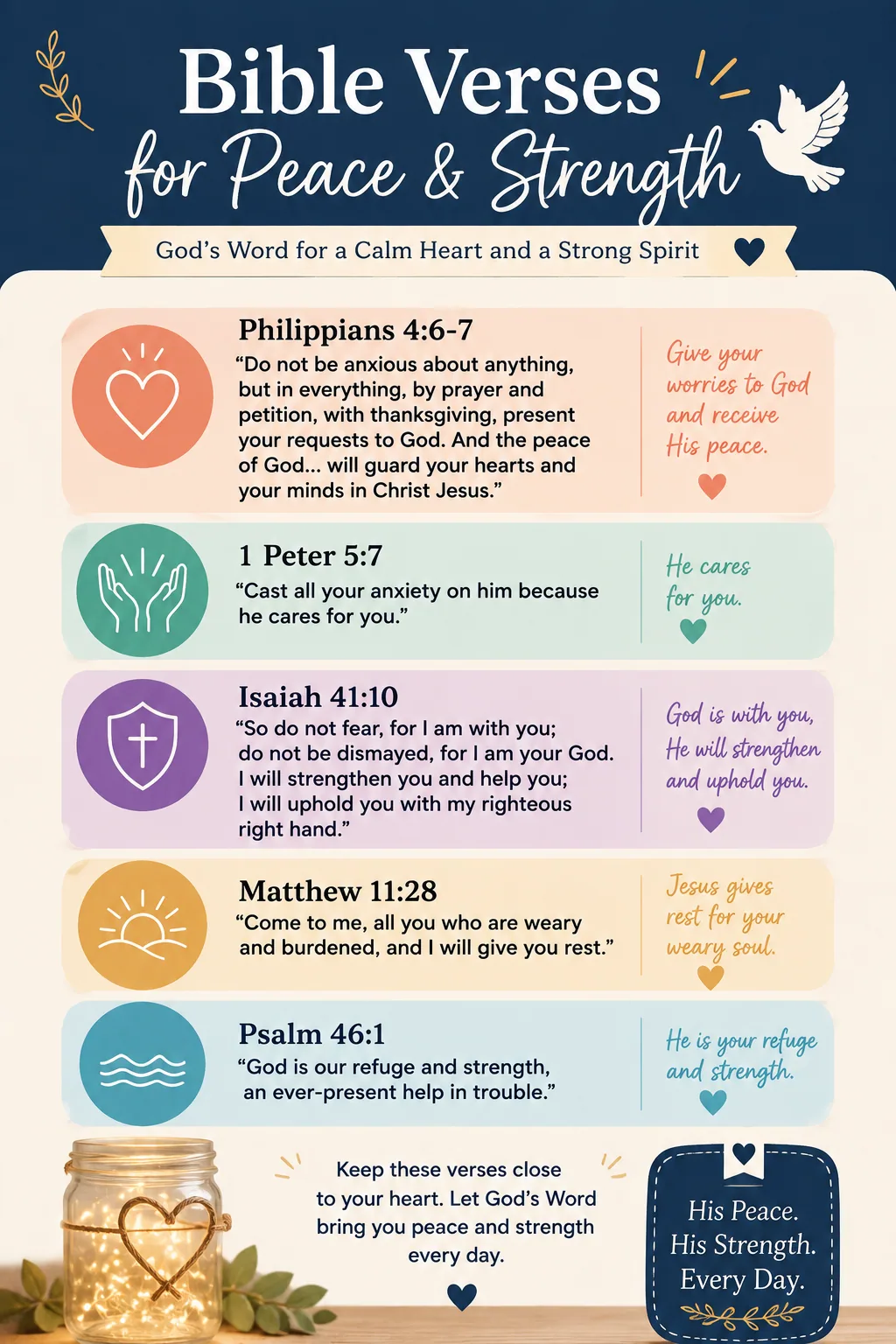 A colorful list of Bible verses about peace and strength, easy to read and save on a phone