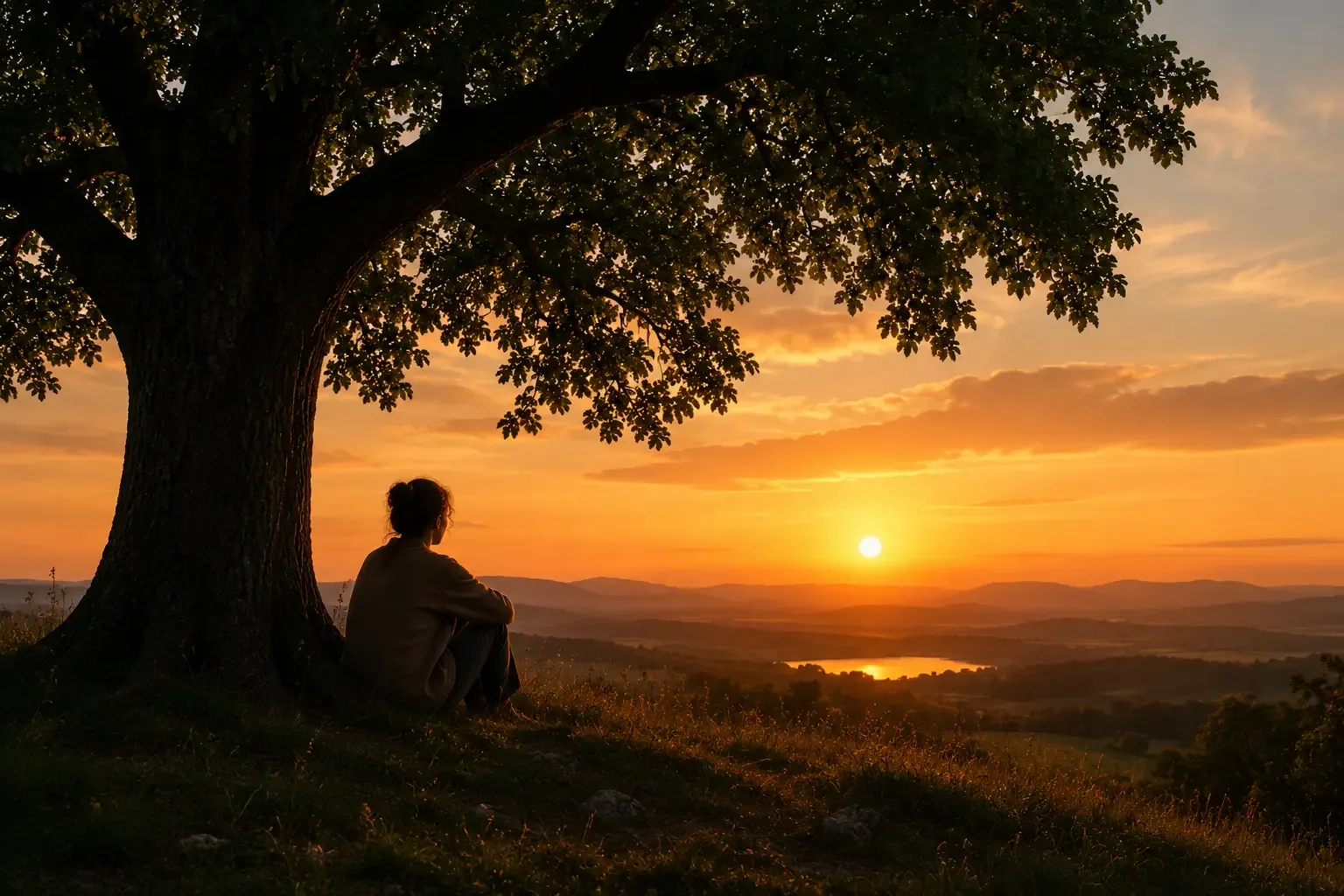 A person sitting quietly under a big tree, looking at a calm sunset