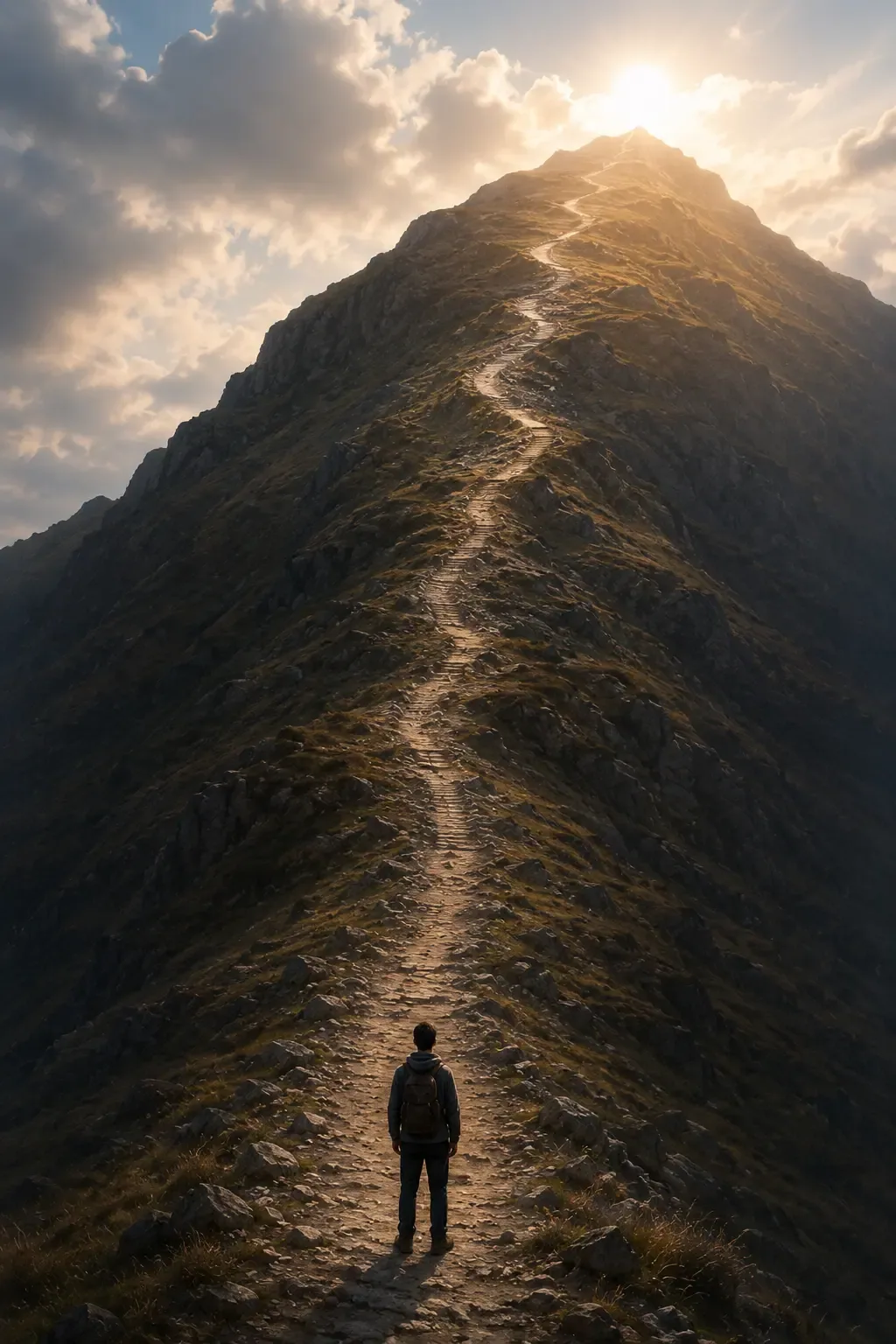 A path that looks very long and steep, with a small person at the bottom looking up