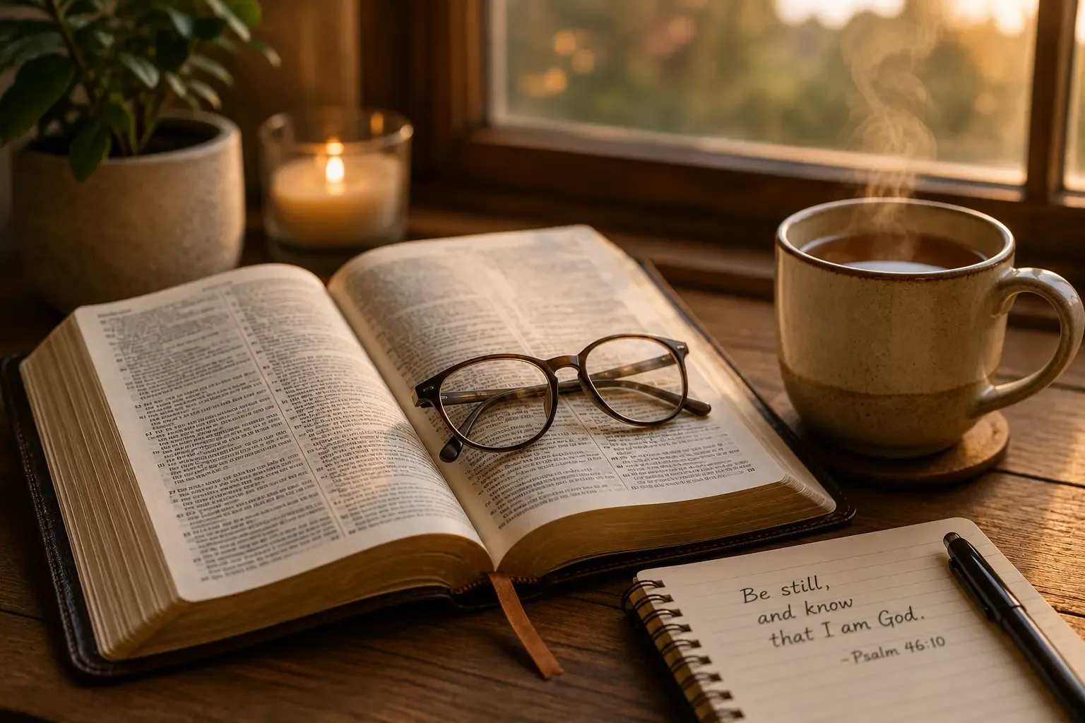 An open Bible with a pair of glasses and a warm cup of tea next to it