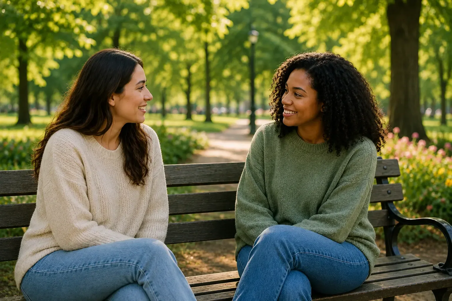Two friends sitting on a park bench talking and smiling