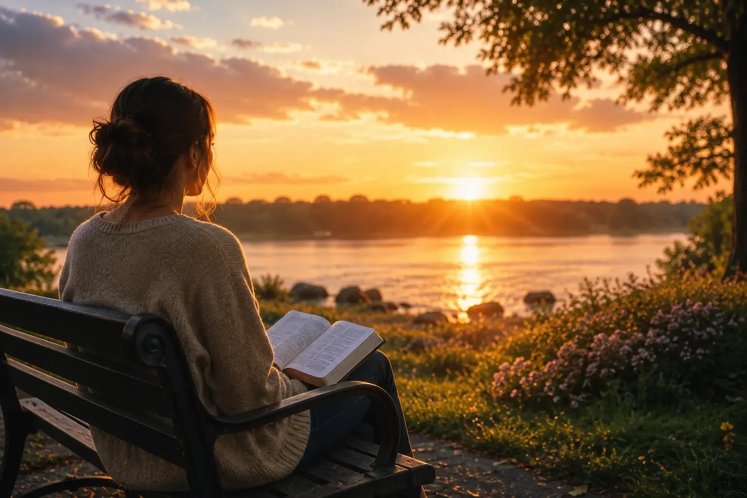 A peaceful person sitting on a park bench, looking at a sunset with an open Bible