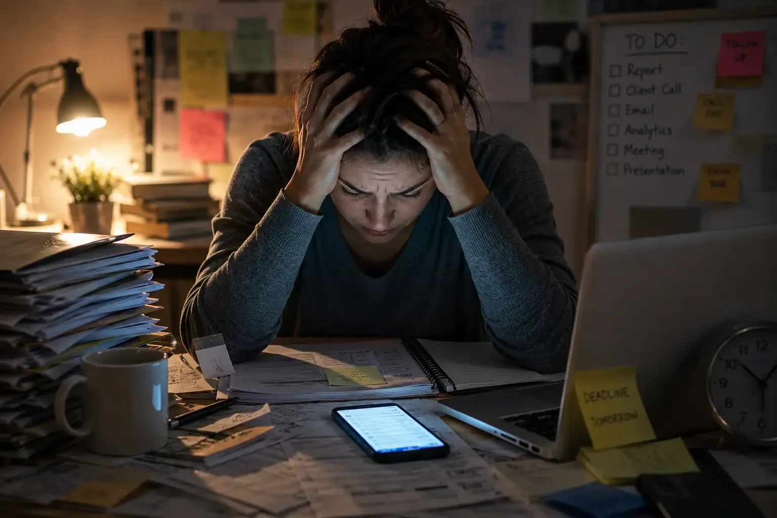A person looking stressed at a desk covered in papers and a glowing smartphone screen
