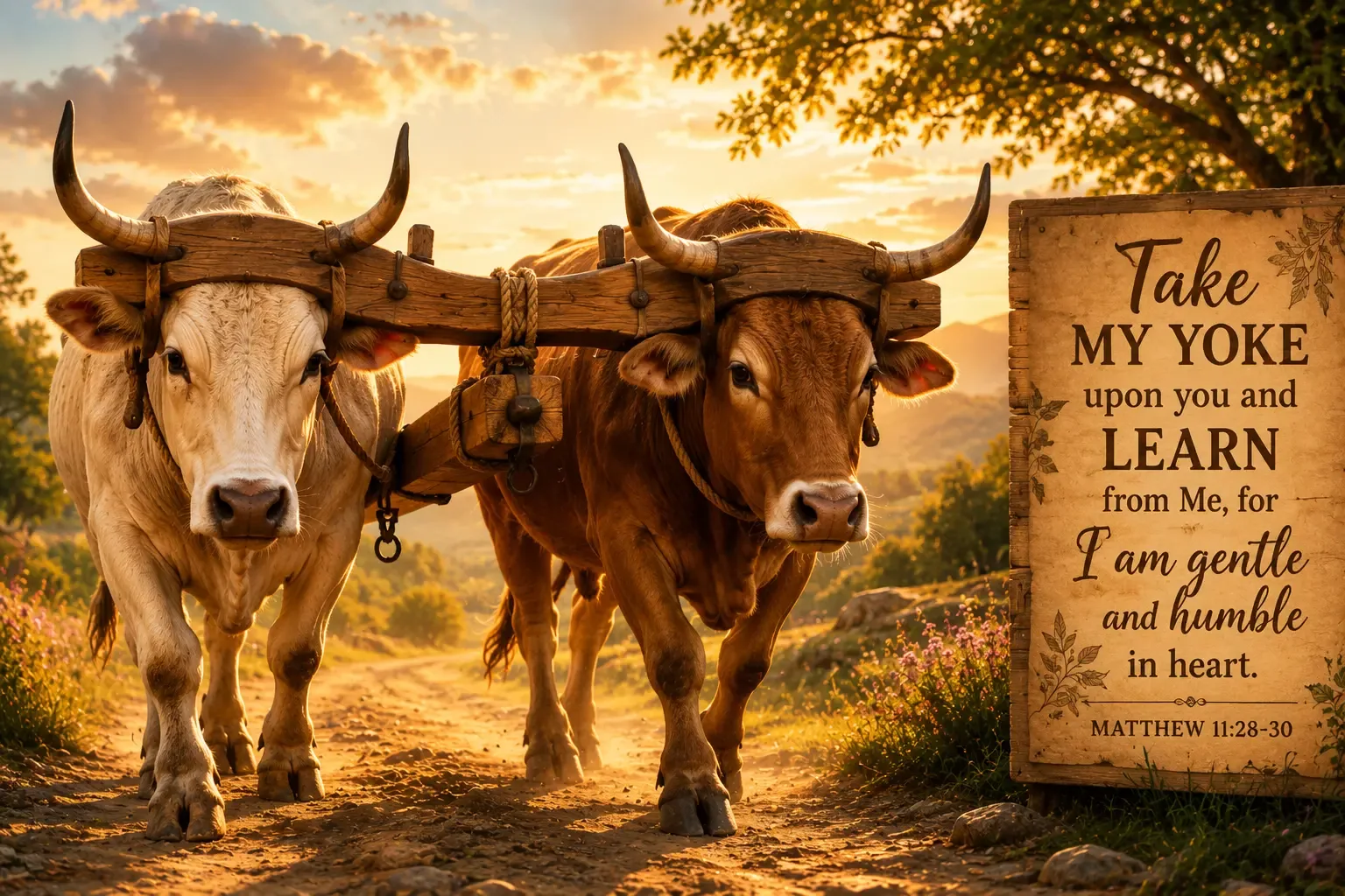 An illustration of a wooden yoke, showing two oxen working together side by side