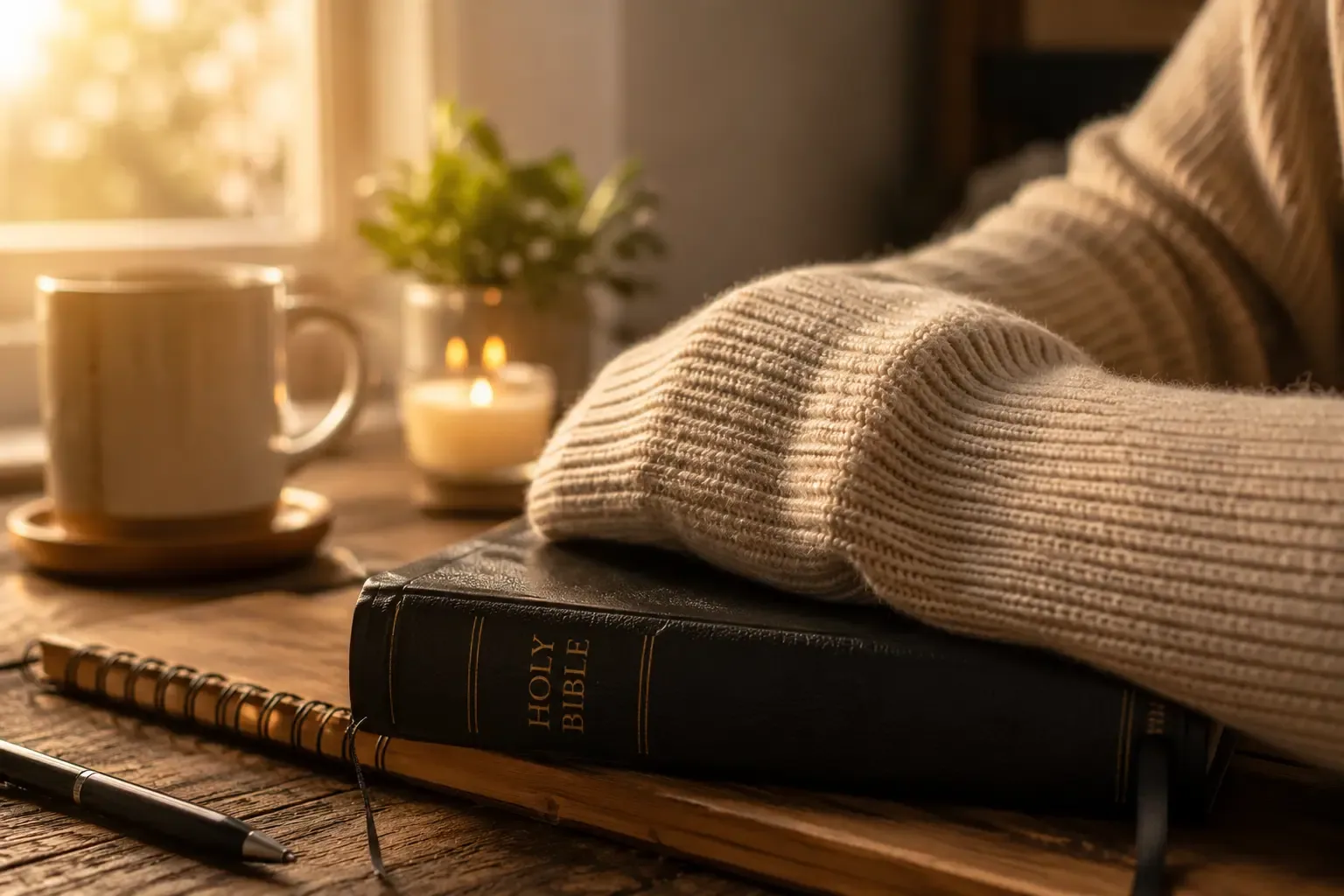 A close-up of hands resting quietly on top of a Bible in a peaceful room