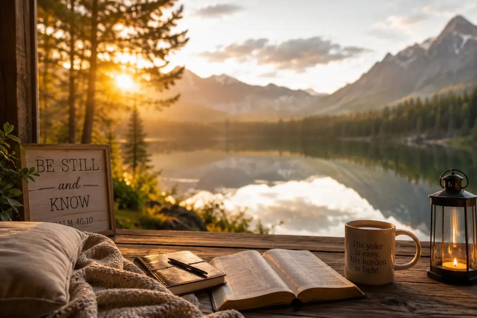 A peaceful photo of someone sitting quietly by a calm lake with a Bible on their lap