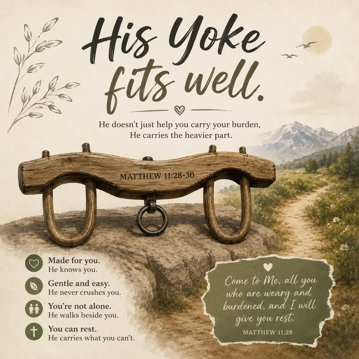 An inspirational graphic with the text 'His Yoke fits well'