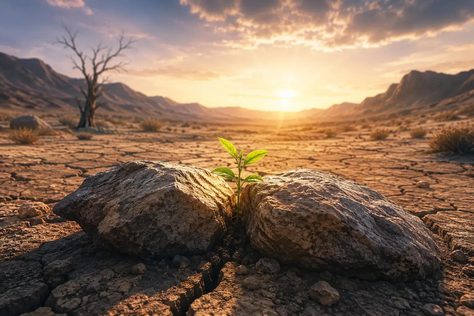 An illustration of a desert landscape with a small green sprout growing between two rocks