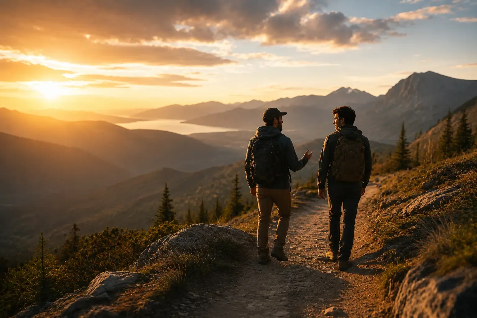Two friends walking and talking together on a peaceful mountain trail