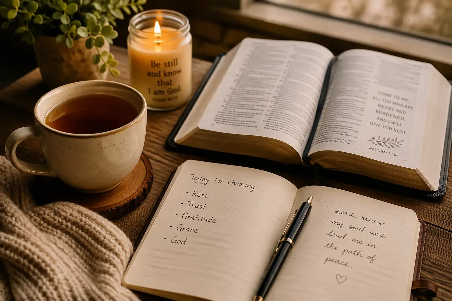 A close-up of a Bible, a cup of tea, and a journal on a wooden table