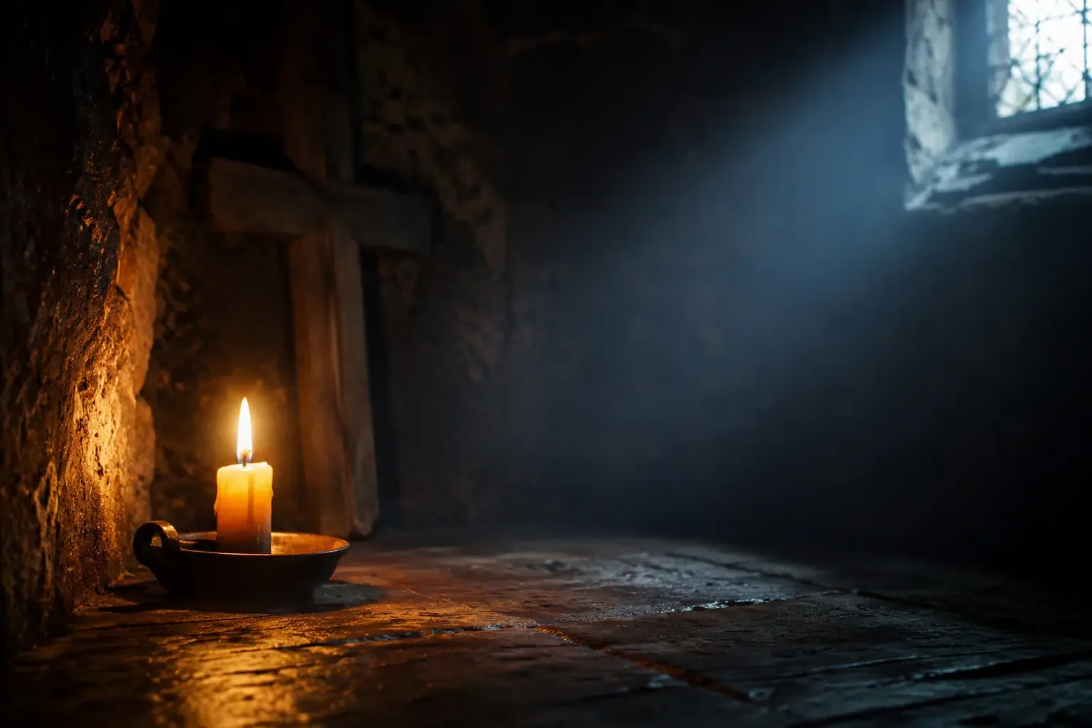 A small, glowing candle burning brightly inside a dark, stone room. The light is soft but keeps the darkness from winning. High contrast, cinematic lighting A small, glowing candle burning brightly inside a dark, stone room. The light is soft but keeps the darkness from winning. High contrast, cinematic lighting