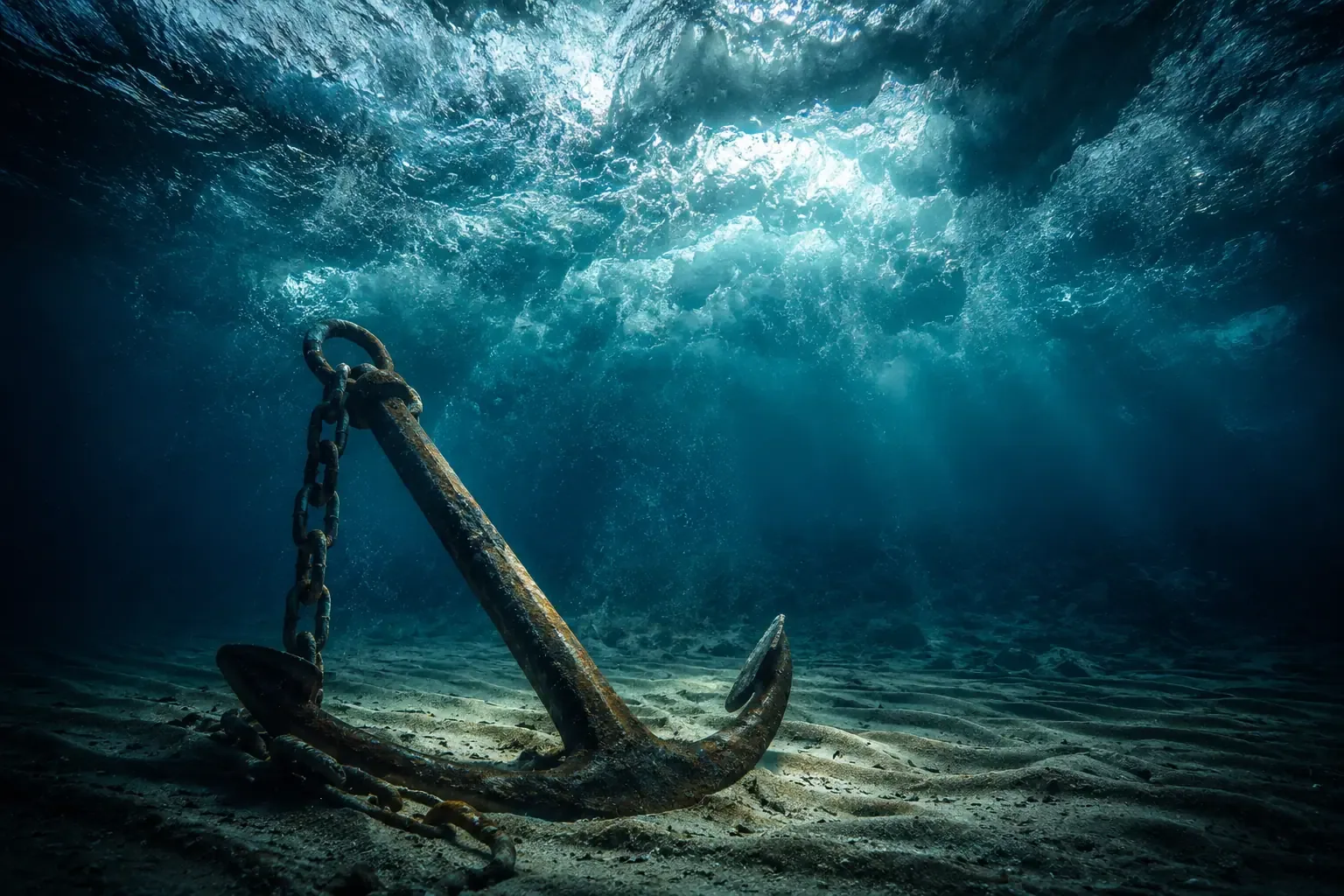 An old, heavy iron anchor resting on the bottom of a sandy ocean. Giant waves are crashing above the surface, but the anchor is not moving at all. Deep blue and teal colors An old, heavy iron anchor resting on the bottom of a sandy ocean. Giant waves are crashing above the surface, but the anchor is not moving at all. Deep blue and teal colors