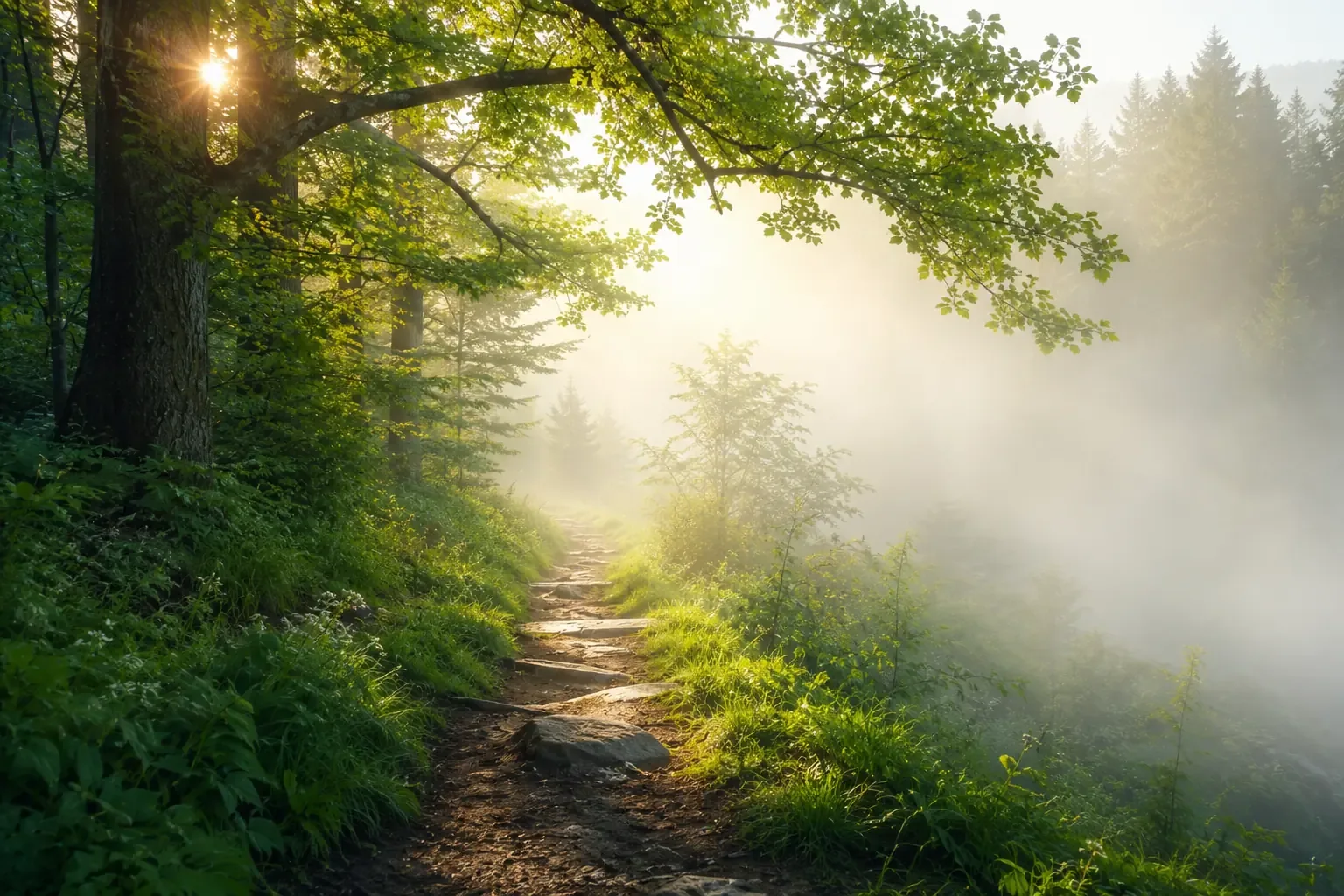 A path through a lush green forest. The sun is peeking through the leaves. Only the next few steps are visible; the rest of the path is hidden by a soft, white mist. Peaceful atmosphere A path through a lush green forest. The sun is peeking through the leaves. Only the next few steps are visible; the rest of the path is hidden by a soft, white mist. Peaceful atmosphere