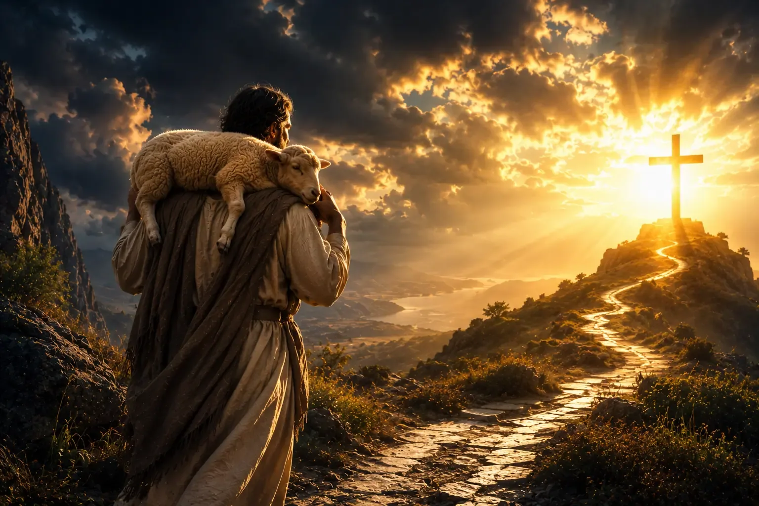 A shepherd in ancient robes carrying a small lamb on his shoulders through a dark, rocky canyon. The shepherd is calm and the lamb looks safe. Warm, golden sunlight at the end of the canyon A shepherd in ancient robes carrying a small lamb on his shoulders through a dark, rocky canyon. The shepherd is calm and the lamb looks safe. Warm, golden sunlight at the end of the canyon