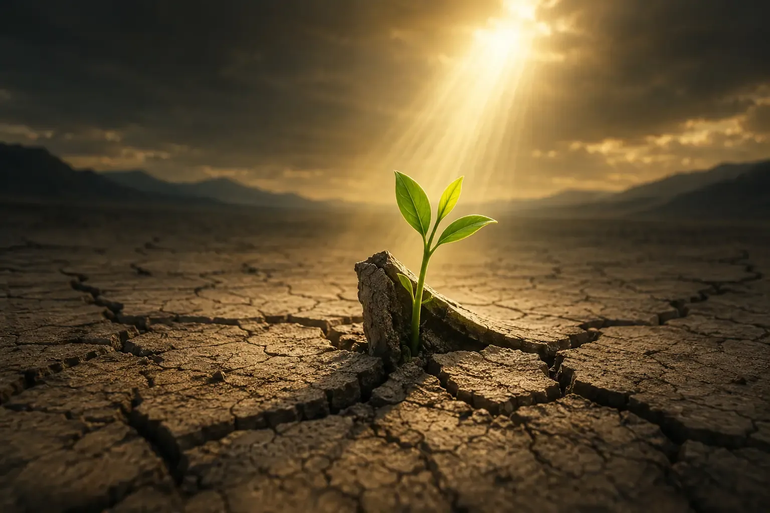 A single, bright green sprout pushing through a crack in a dark, dry desert floor, with a soft golden sunbeam shining directly on it A single, bright green sprout pushing through a crack in a dark, dry desert floor, with a soft golden sunbeam shining directly on it