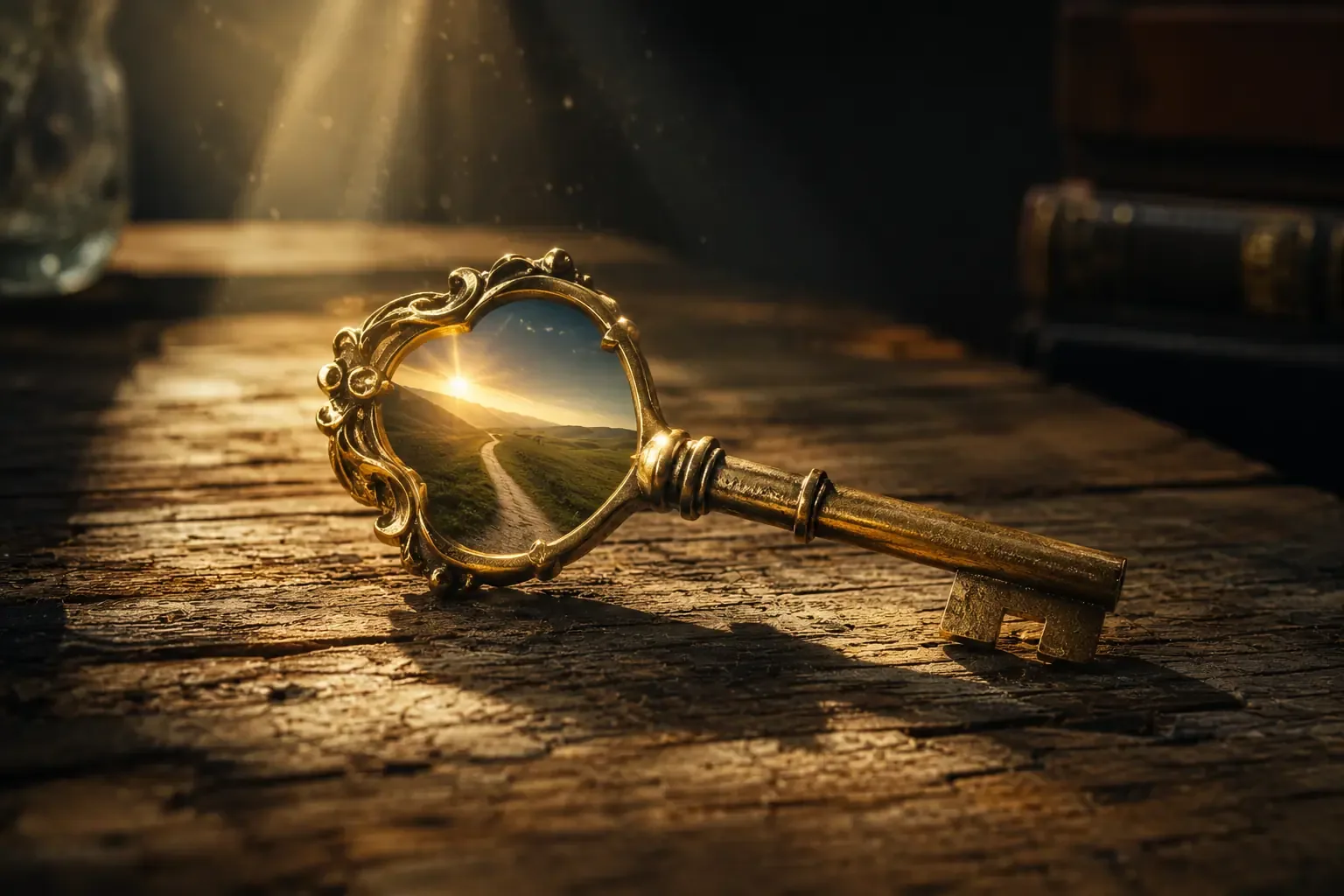 An ornate golden key sitting on an old, weathered wooden table, with the reflection of a bright, open window visible in the metal An ornate golden key sitting on an old, weathered wooden table, with the reflection of a bright, open window visible in the metal