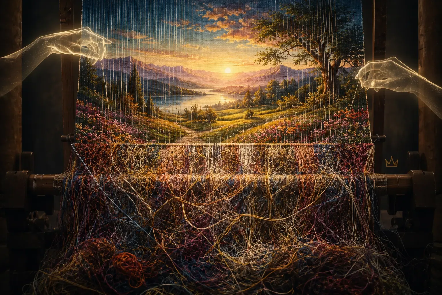 A large, colorful tapestry being woven by invisible hands, showing only messy, tangled threads on the bottom but a beautiful landscape forming on the top A large, colorful tapestry being woven by invisible hands, showing only messy, tangled threads on the bottom but a beautiful landscape forming on the top