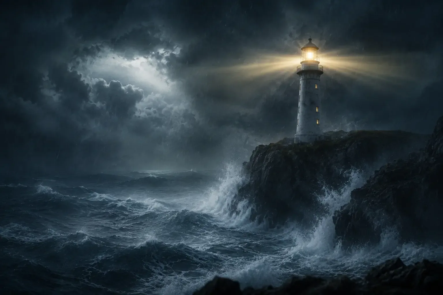 A sturdy lighthouse standing on a rocky cliff during a massive storm, with its bright light cutting through the thick gray fog and waves A sturdy lighthouse standing on a rocky cliff during a massive storm, with its bright light cutting through the thick gray fog and waves