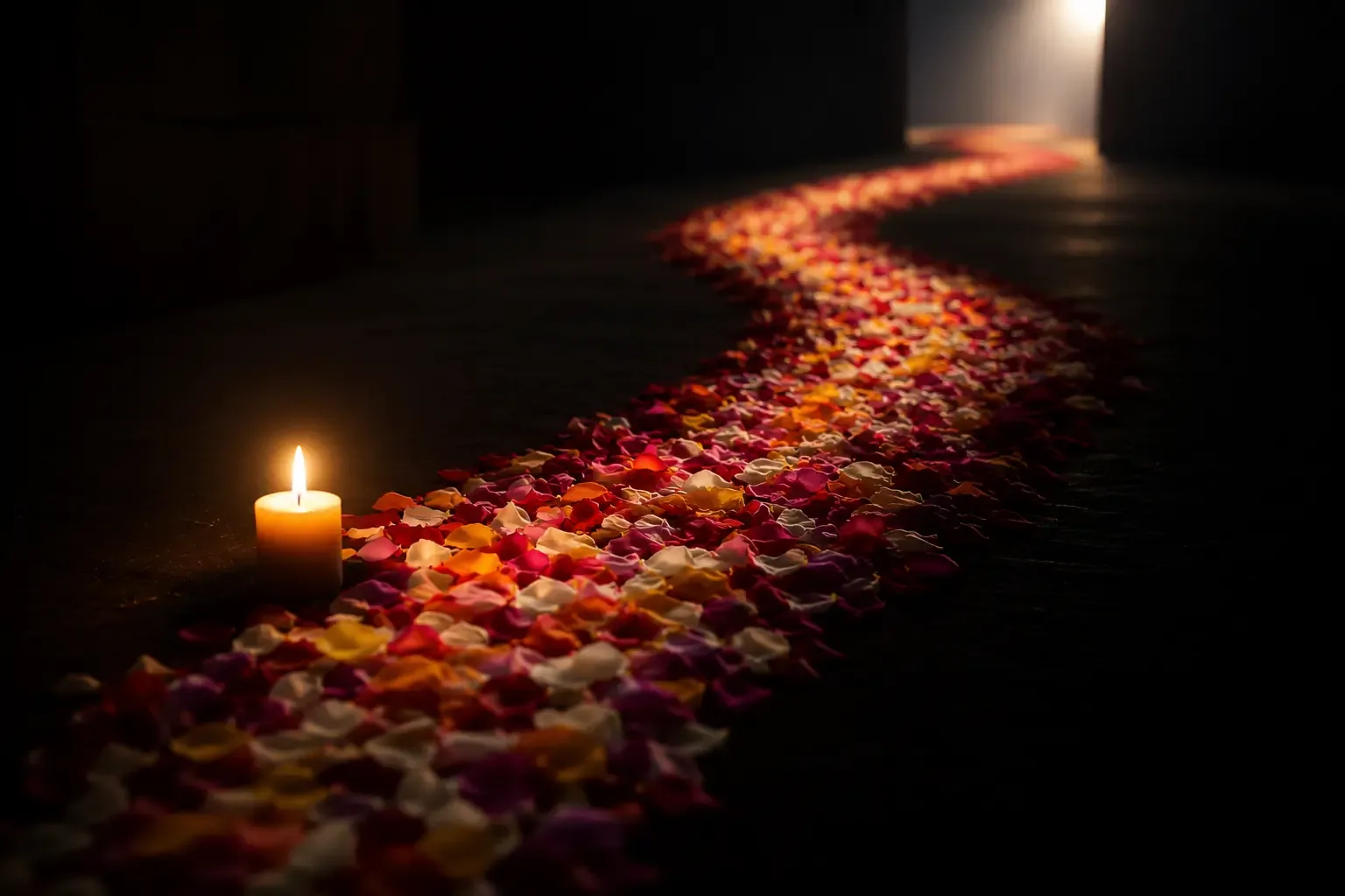 A dark room where one small, bright candle illuminates a path made entirely of soft, colorful flower petals A dark room where one small, bright candle illuminates a path made entirely of soft, colorful flower petals