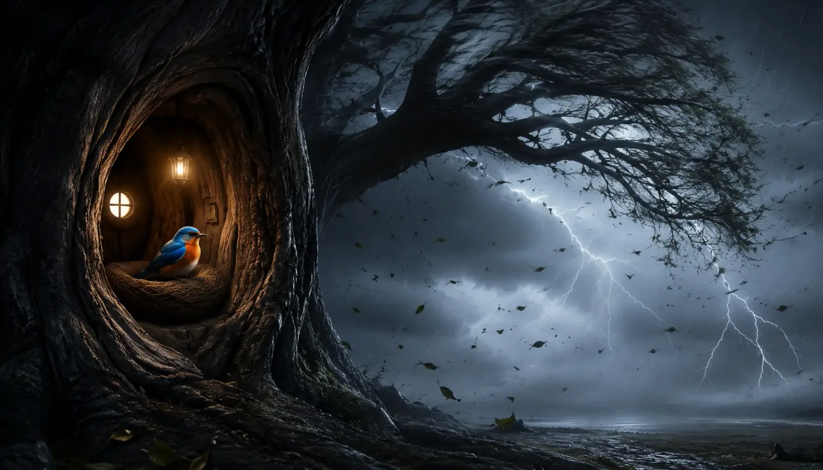 A small, colorful bird perched safely inside the hollow of a giant, ancient oak tree while a massive storm bends the branches outside A small, colorful bird perched safely inside the hollow of a giant, ancient oak tree while a massive storm bends the branches outside