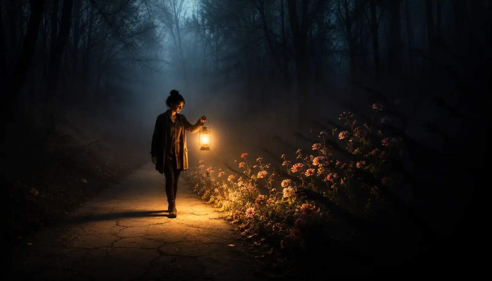 A person walking through a dark, misty forest carrying a lantern that casts a circle of warm, bright light which turns the nearby shadows into flowers A person walking through a dark, misty forest carrying a lantern that casts a circle of warm, bright light which turns the nearby shadows into flowers