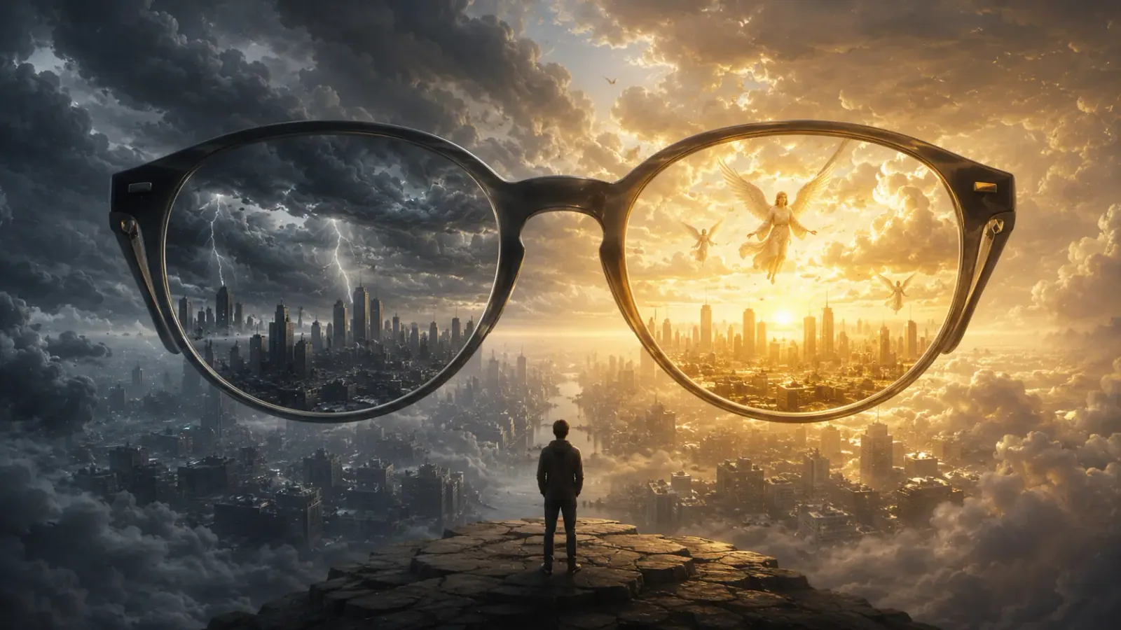 A giant pair of glasses floating in the sky, with one lens showing a gray, stormy city and the other lens showing the same city filled with golden light and angels A giant pair of glasses floating in the sky, with one lens showing a gray, stormy city and the other lens showing the same city filled with golden light and angels