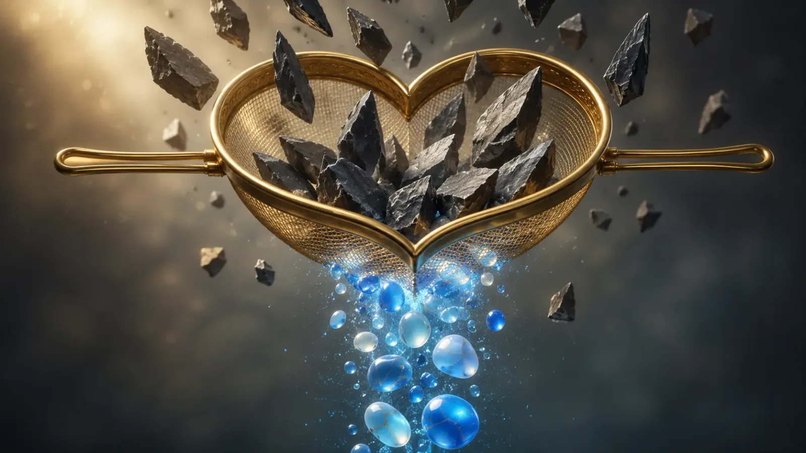 A golden sieve or filter shaped like a heart, catching sharp, jagged gray stones and letting through smooth, glowing blue river rocks A golden sieve or filter shaped like a heart, catching sharp, jagged gray stones and letting through smooth, glowing blue river rocks