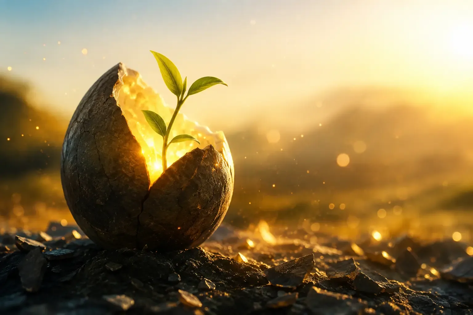 A cinematic, close-up shot of a single, vibrant green sprout breaking through cracked, dry desert earth under a soft, golden sunrise. The lighting is warm and hopeful, focusing on the texture of the life returning to a barren place. A cinematic, close-up shot of a single, vibrant green sprout breaking through cracked, dry desert earth under a soft, golden sunrise. The lighting is warm and hopeful, focusing on the texture of the life returning to a barren place.