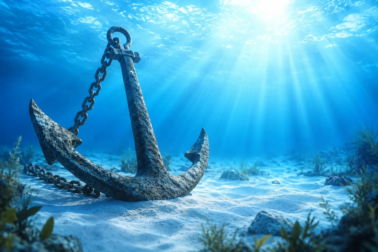 An oversized, ancient iron anchor resting on a bed of soft, white sand underwater. Beams of sunlight pierce through the clear blue ocean surface, illuminating the anchor An oversized, ancient iron anchor resting on a bed of soft, white sand underwater. Beams of sunlight pierce through the clear blue ocean surface, illuminating the anchor