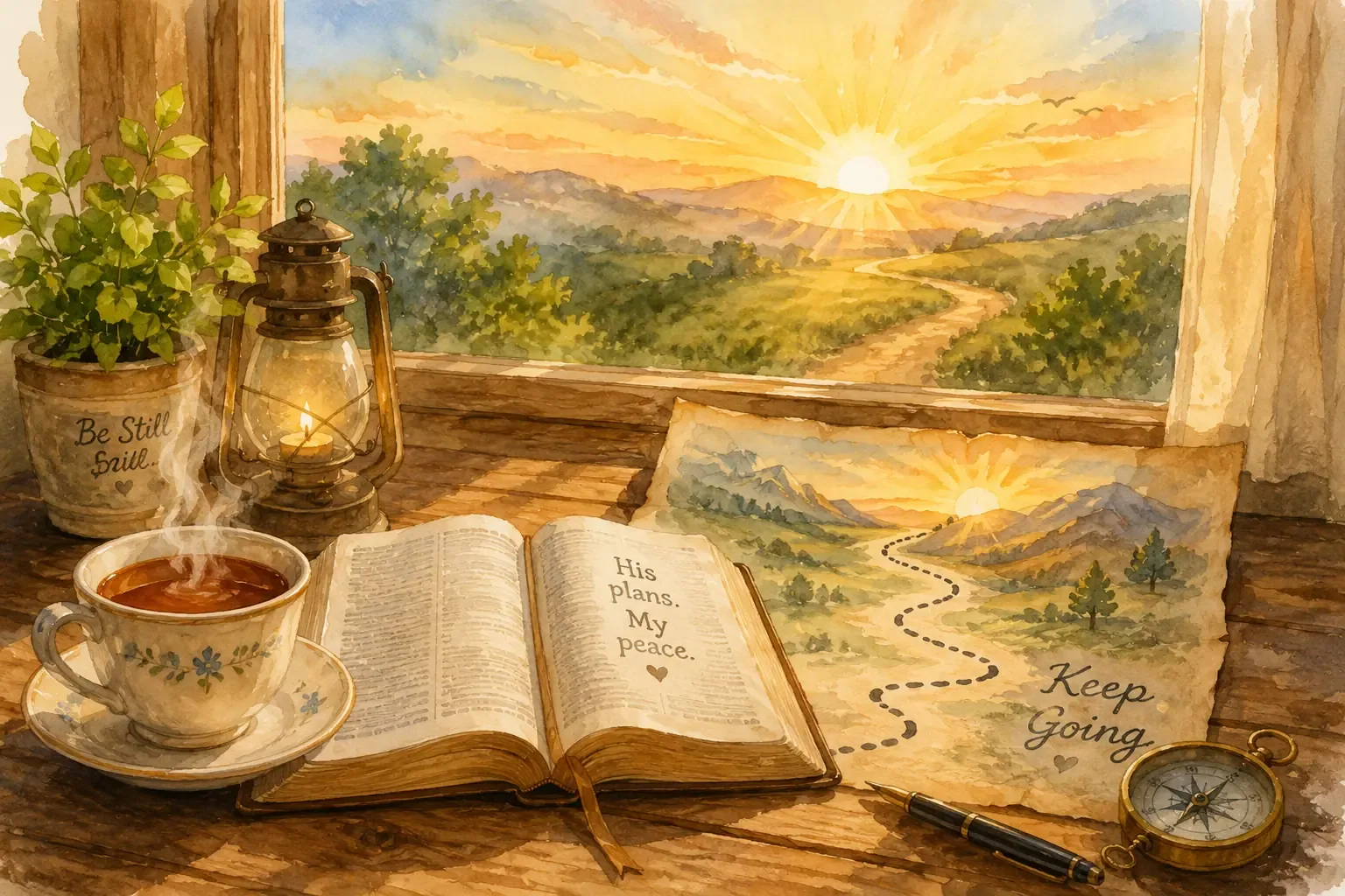 A warm, vintage-style illustration of an old wooden table. On it sits a steaming cup of tea, an open Bible, and a small, hand-drawn map with a path leading toward a distant sunrise A warm, vintage-style illustration of an old wooden table. On it sits a steaming cup of tea, an open Bible, and a small, hand-drawn map with a path leading toward a distant sunrise