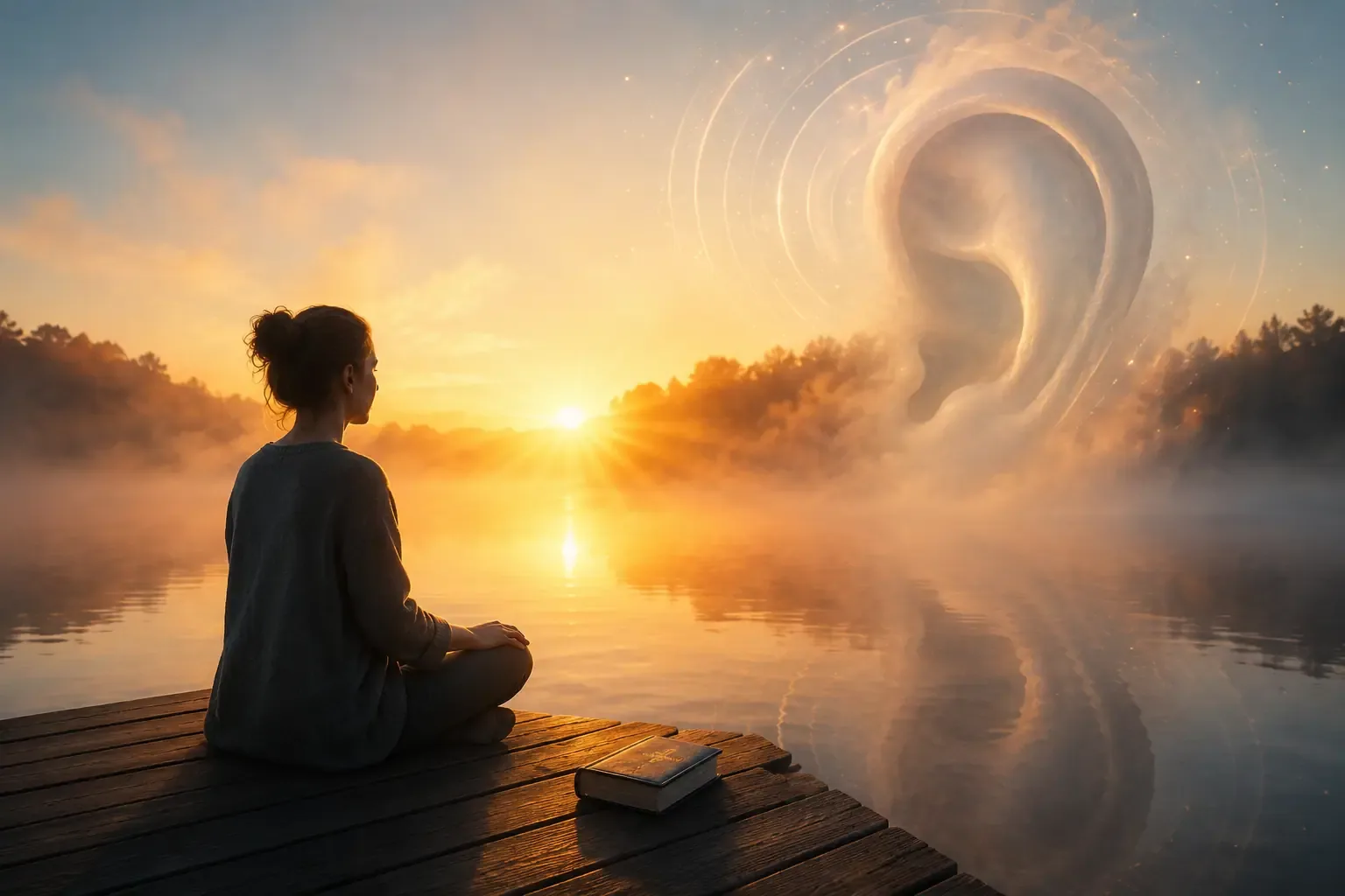 A cinematic shot of a person sitting on a pier at sunrise, eyes closed in peaceful reflection, with a soft morning mist over the water symbolizing the "still small voice" of God