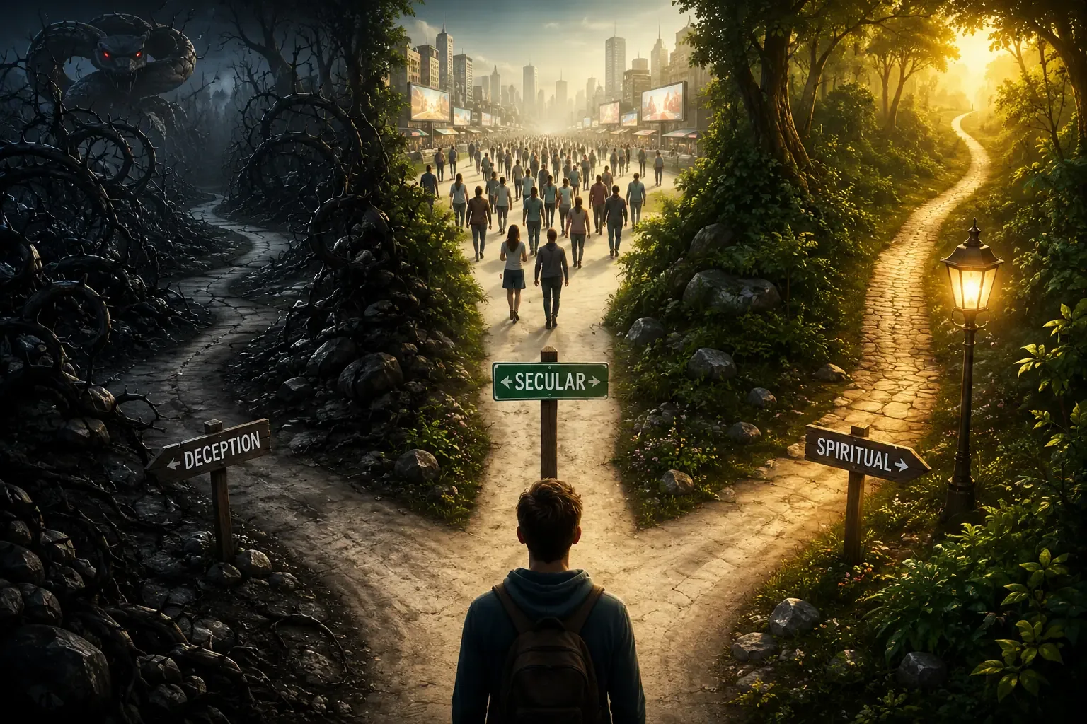 A symbolic 3D infographic showing three paths in a forest: one dark and tangled (Satanic), one bright but crowded (Secular), and one narrow path illuminated by a soft, golden lantern (Spiritual)