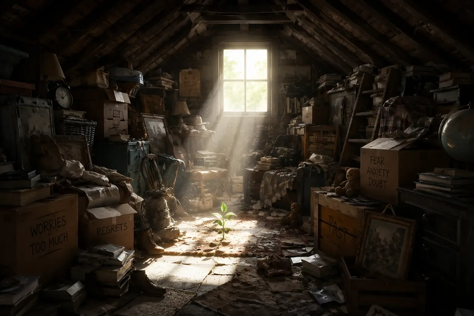 A cluttered attic with a single, dusty window letting in a beam of light, representing how the "clutter" of our lives can block the light of God's revelation