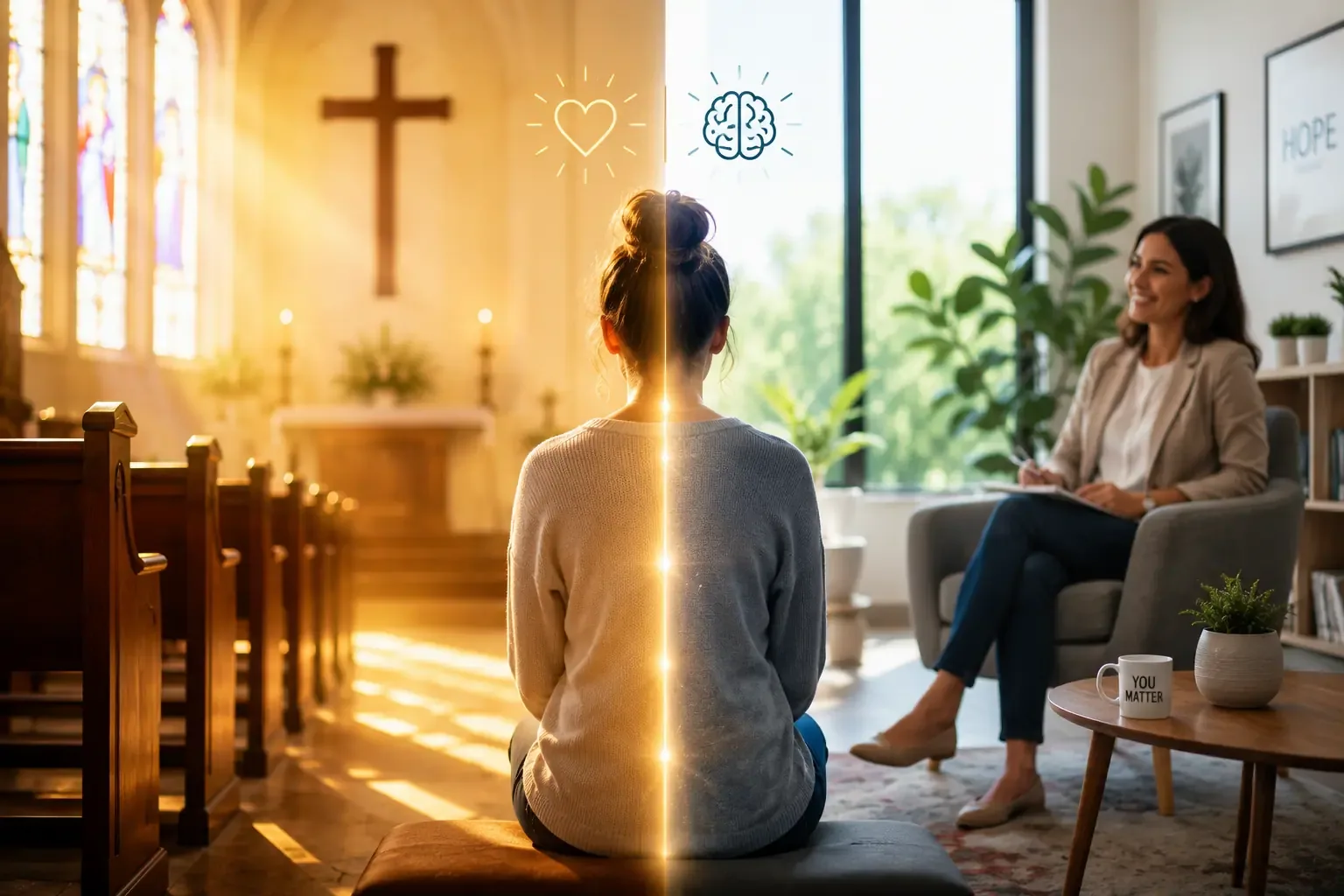 A split image. On one side, a person sitting peacefully in a quiet church. On the other, a person talking to a friendly counselor in a bright office. This represents the balance between spiritual help and mental health support A split image. On one side, a person sitting peacefully in a quiet church. On the other, a person talking to a friendly counselor in a bright office. This represents the balance between spiritual help and mental health support