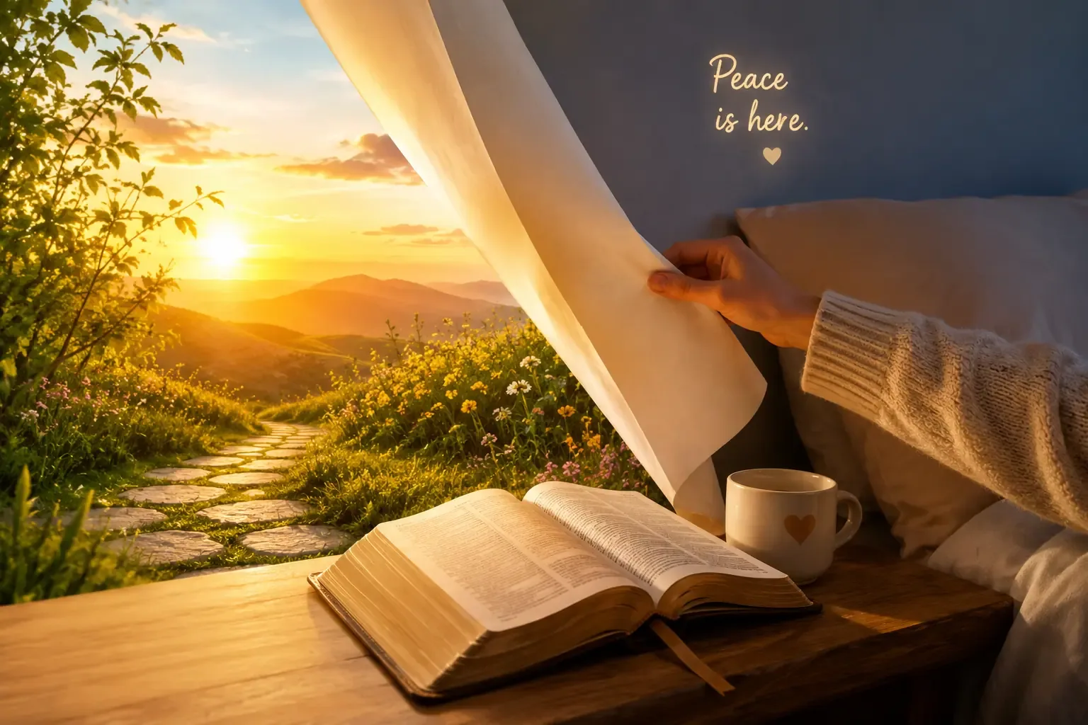 A single lit lamp on a nightstand next to an open Bible, soft warm glow against dark blue bedroom shadows, cinematic and quiet A single lit lamp on a nightstand next to an open Bible, soft warm glow against dark blue bedroom shadows, cinematic and quiet