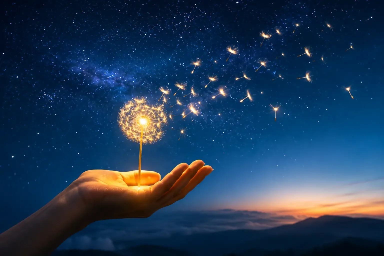 An open hand releasing glowing dandelion seeds into a night sky filled with stars, symbolizing letting go of worry An open hand releasing glowing dandelion seeds into a night sky filled with stars, symbolizing letting go of worry