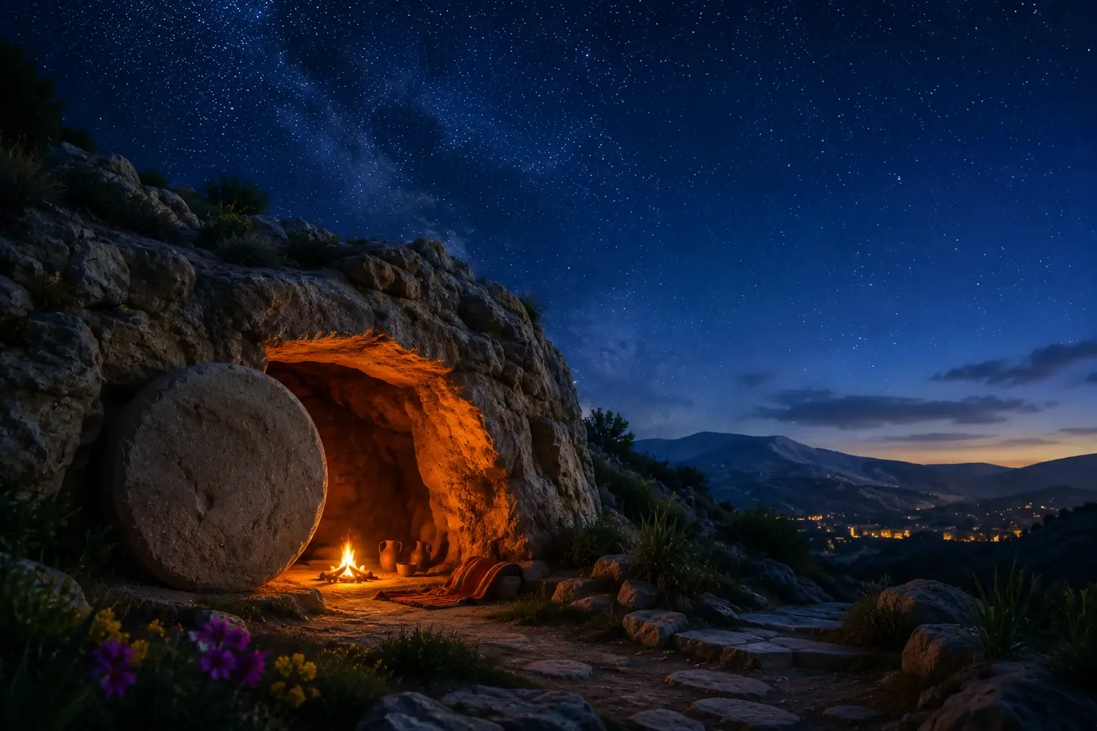 An ancient stone cave entrance at night with a small campfire glowing inside, stars visible above rocky hills, biblical desert landscape An ancient stone cave entrance at night with a small campfire glowing inside, stars visible above rocky hills, biblical desert landscape