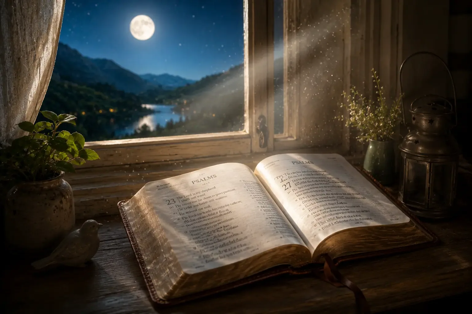 A worn leather Bible open to Psalms, resting on a windowsill with moonlight streaming through, dust particles visible in the light beam A worn leather Bible open to Psalms, resting on a windowsill with moonlight streaming through, dust particles visible in the light beam