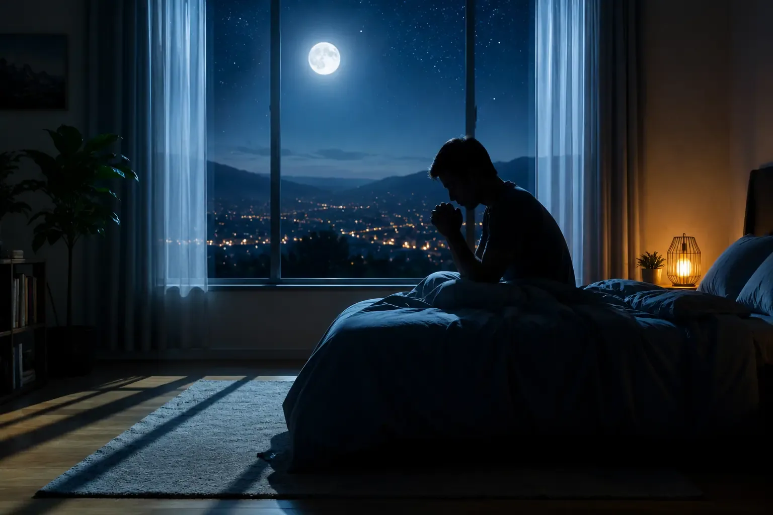 A person's silhouette sitting up in bed at night, hands folded in prayer, moonlight casting long shadows across the bedroom floor A person's silhouette sitting up in bed at night, hands folded in prayer, moonlight casting long shadows across the bedroom floor