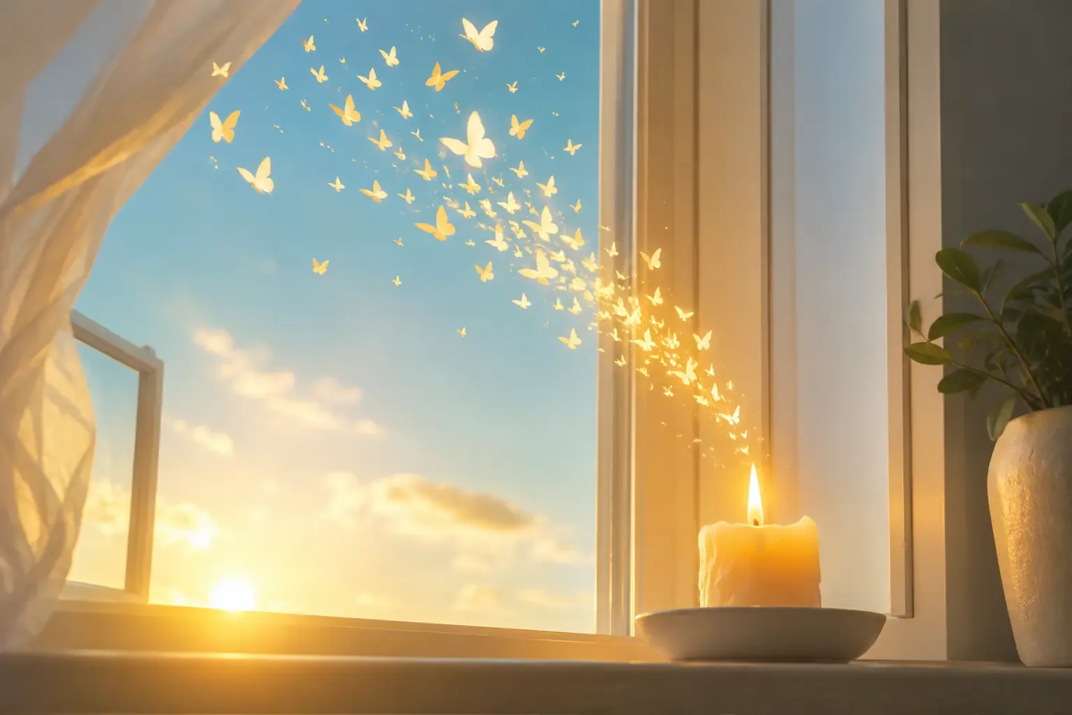 A single lit candle on a windowsill at dusk, soft golden light, quiet and still, shot from a low angle looking up A single lit candle on a windowsill at dusk, soft golden light, quiet and still, shot from a low angle looking up