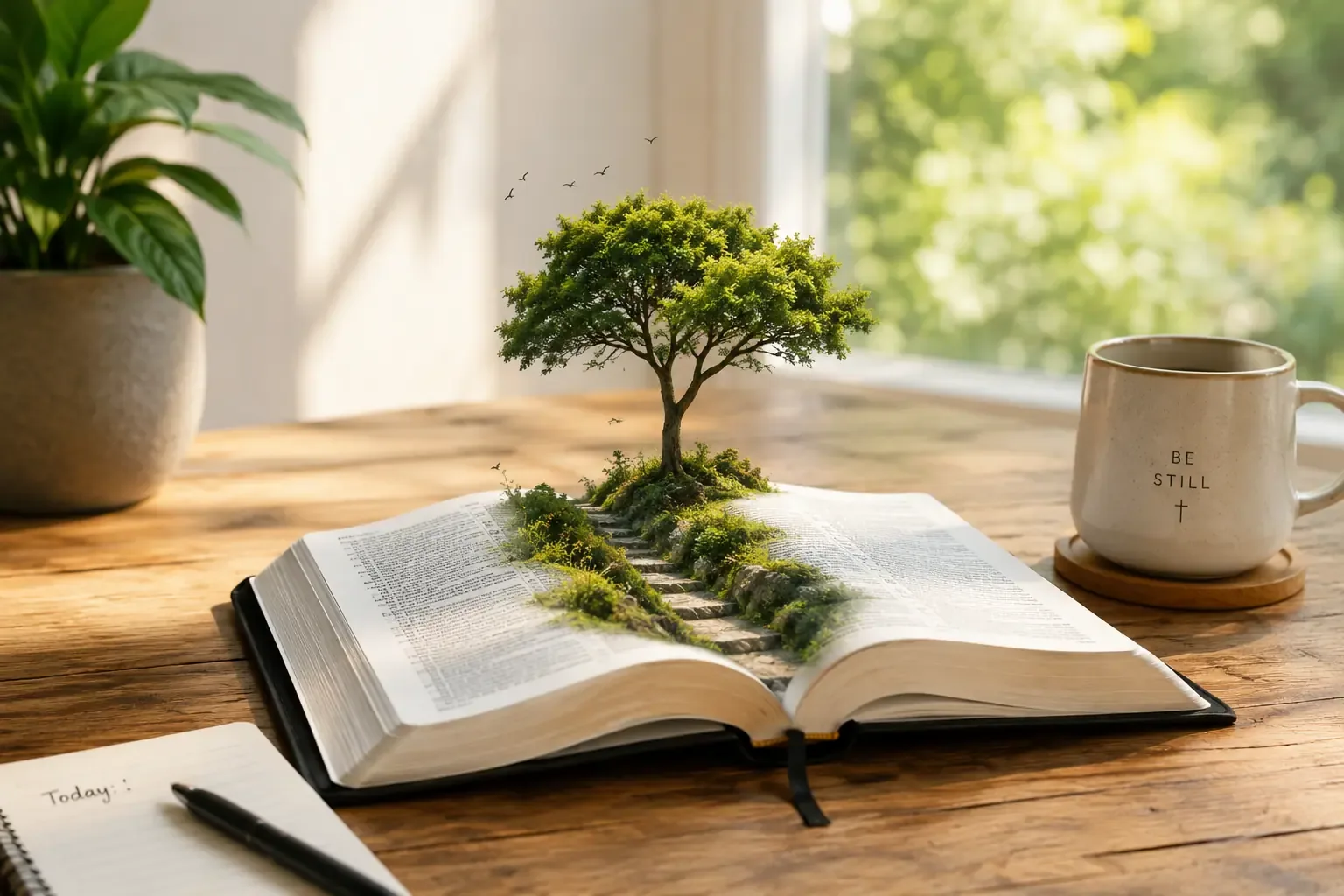 An open Bible on a wooden table, one page slightly curled, a pair of glasses resting on top, warm natural window light An open Bible on a wooden table, one page slightly curled, a pair of glasses resting on top, warm natural window light