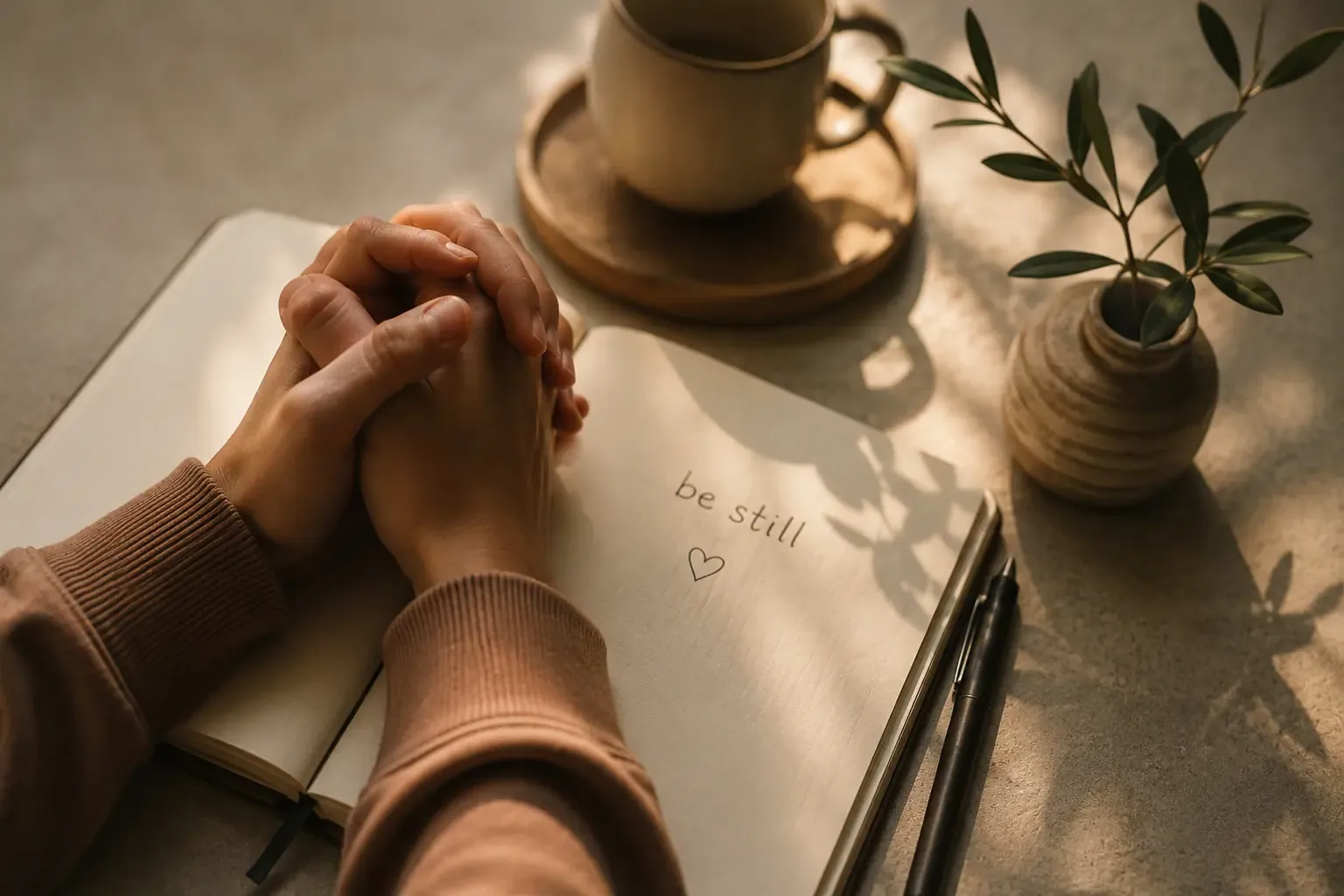 Hands folded in prayer resting on an open journal, soft shadow, muted earth tones, close-up shot Hands folded in prayer resting on an open journal, soft shadow, muted earth tones, close-up shot