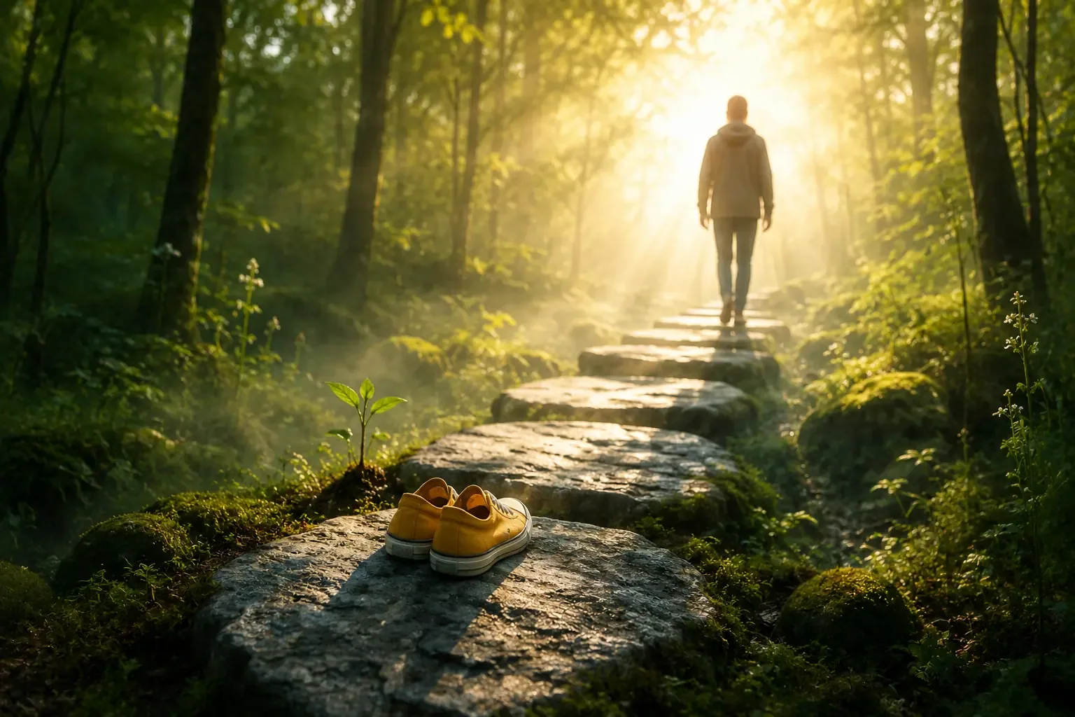 A misty morning path through a quiet forest, sunlight breaking through the trees, symbolizing a small next step forward A misty morning path through a quiet forest, sunlight breaking through the trees, symbolizing a small next step forward