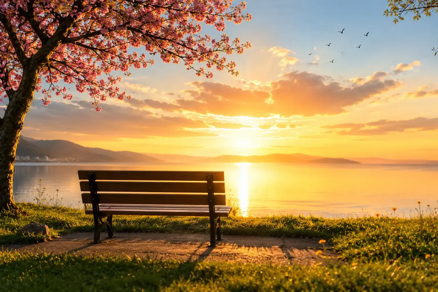 An empty park bench facing a sunrise over calm water, warm colors, sense of peace and new beginning An empty park bench facing a sunrise over calm water, warm colors, sense of peace and new beginning