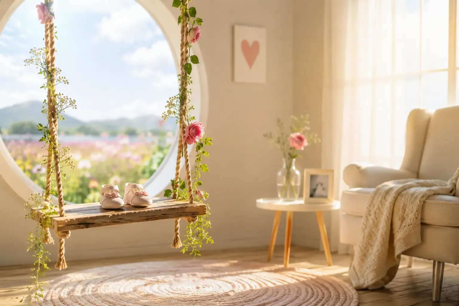 An empty rocking chair in a softly lit nursery corner, warm golden hour light, one small pair of baby shoes on the seat, painterly and gentle An empty rocking chair in a softly lit nursery corner, warm golden hour light, one small pair of baby shoes on the seat, painterly and gentle