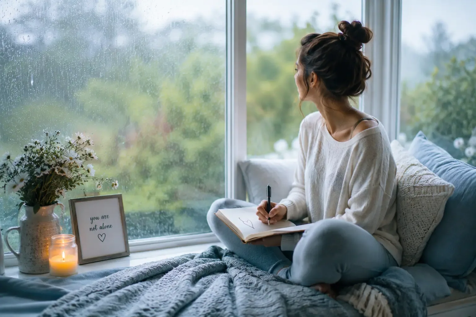 A woman sitting cross-legged on the floor by a window, journal open on her lap, soft rain visible outside the glass, calm blue-gray color palette, quiet and introspective mood A woman sitting cross-legged on the floor by a window, journal open on her lap, soft rain visible outside the glass, calm blue-gray color palette, quiet and introspective mood